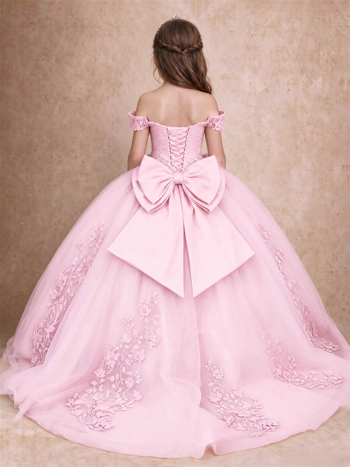 Off The Shoulder 3D Floral Lace Tulle Girls Pageant Dresses Princess Ball Gown