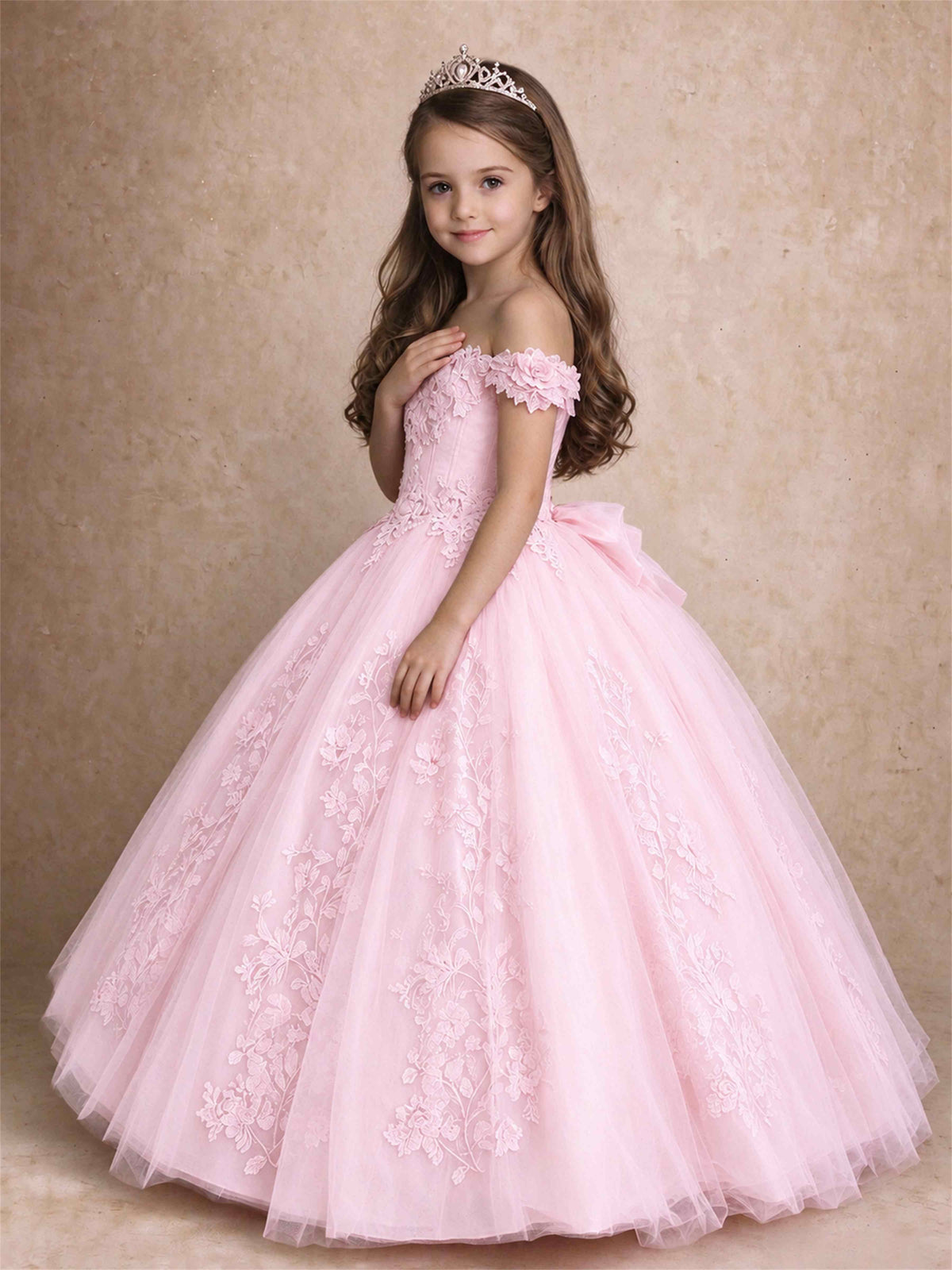 Off The Shoulder 3D Floral Lace Tulle Girls Pageant Dresses Princess Ball Gown