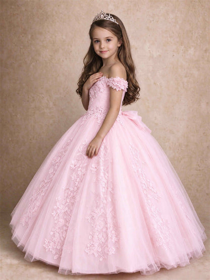 Off The Shoulder 3D Floral Lace Tulle Girls Pageant Dresses Princess Ball Gown