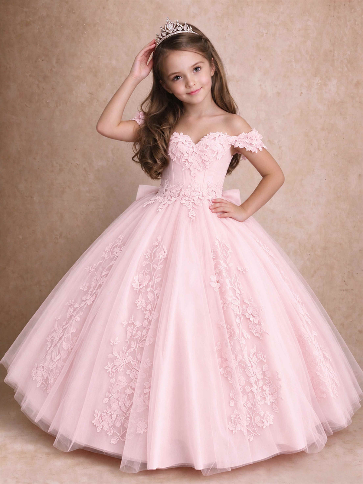 Off The Shoulder 3D Floral Lace Tulle Girls Pageant Dresses Princess Ball Gown