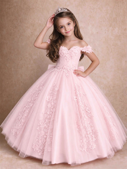 Off The Shoulder 3D Floral Lace Tulle Girls Pageant Dresses Princess Ball Gown