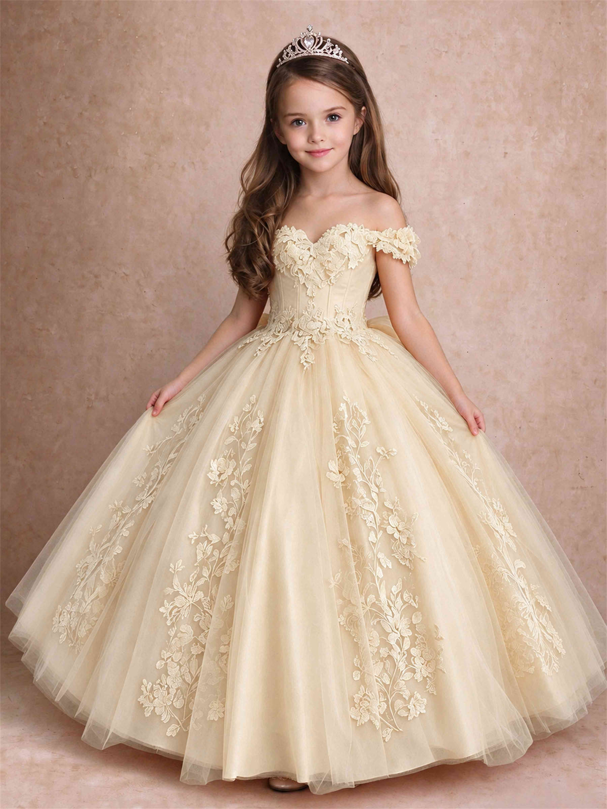 Off The Shoulder 3D Floral Lace Tulle Girls Pageant Dresses Princess Ball Gown