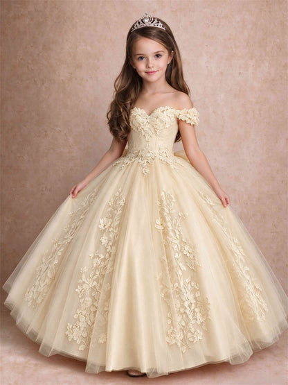 Off The Shoulder 3D Floral Lace Tulle Girls Pageant Dresses Princess Ball Gown