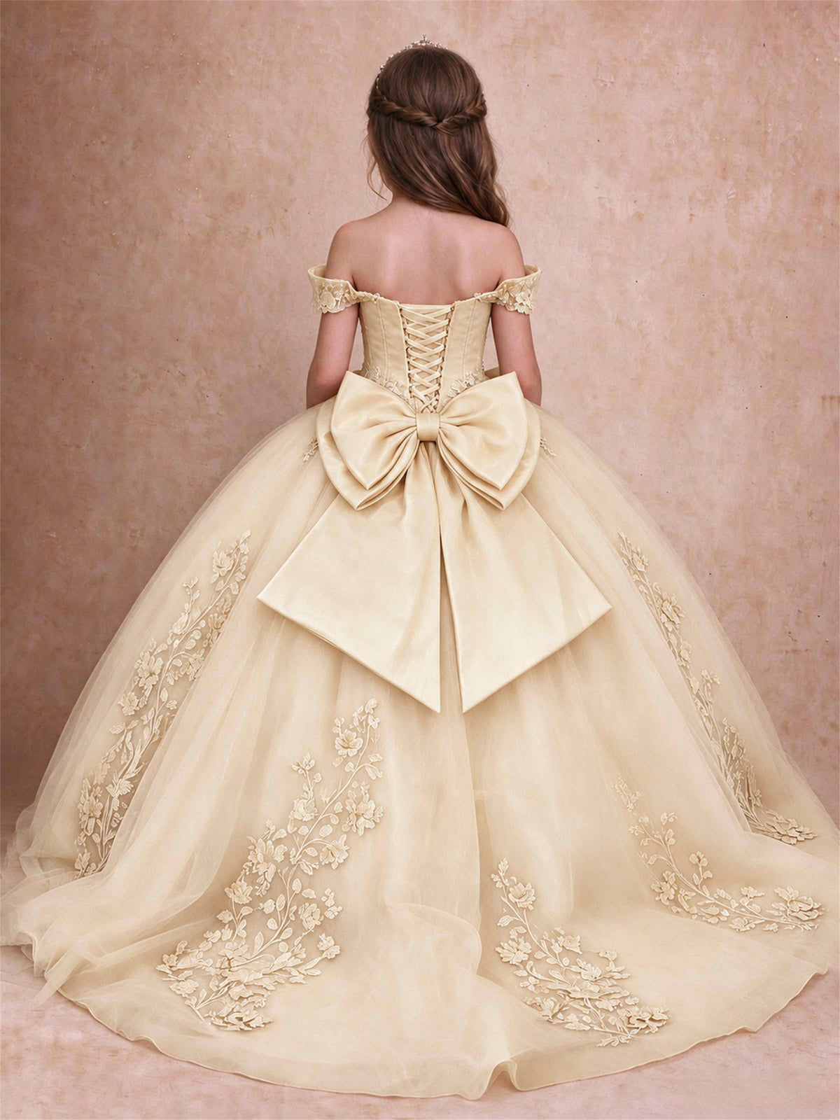 Off The Shoulder 3D Floral Lace Tulle Girls Pageant Dresses Princess Ball Gown