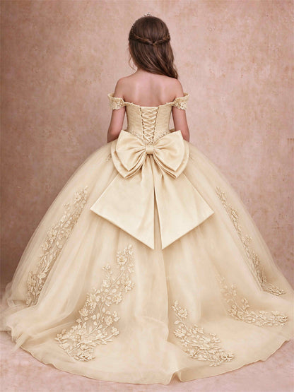 Off The Shoulder 3D Floral Lace Tulle Girls Pageant Dresses Princess Ball Gown