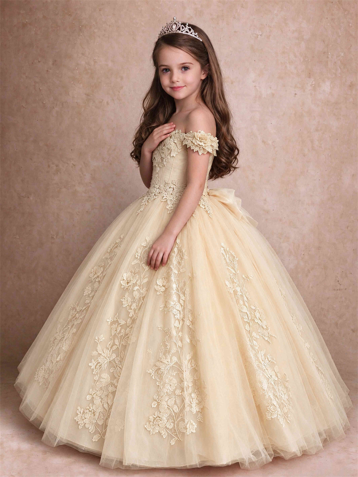 Off The Shoulder 3D Floral Lace Tulle Girls Pageant Dresses Princess Ball Gown