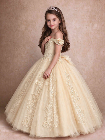 Off The Shoulder 3D Floral Lace Tulle Girls Pageant Dresses Princess Ball Gown