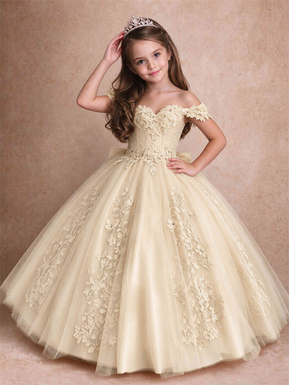 Off The Shoulder 3D Floral Lace Tulle Girls Pageant Dresses Princess Ball Gown