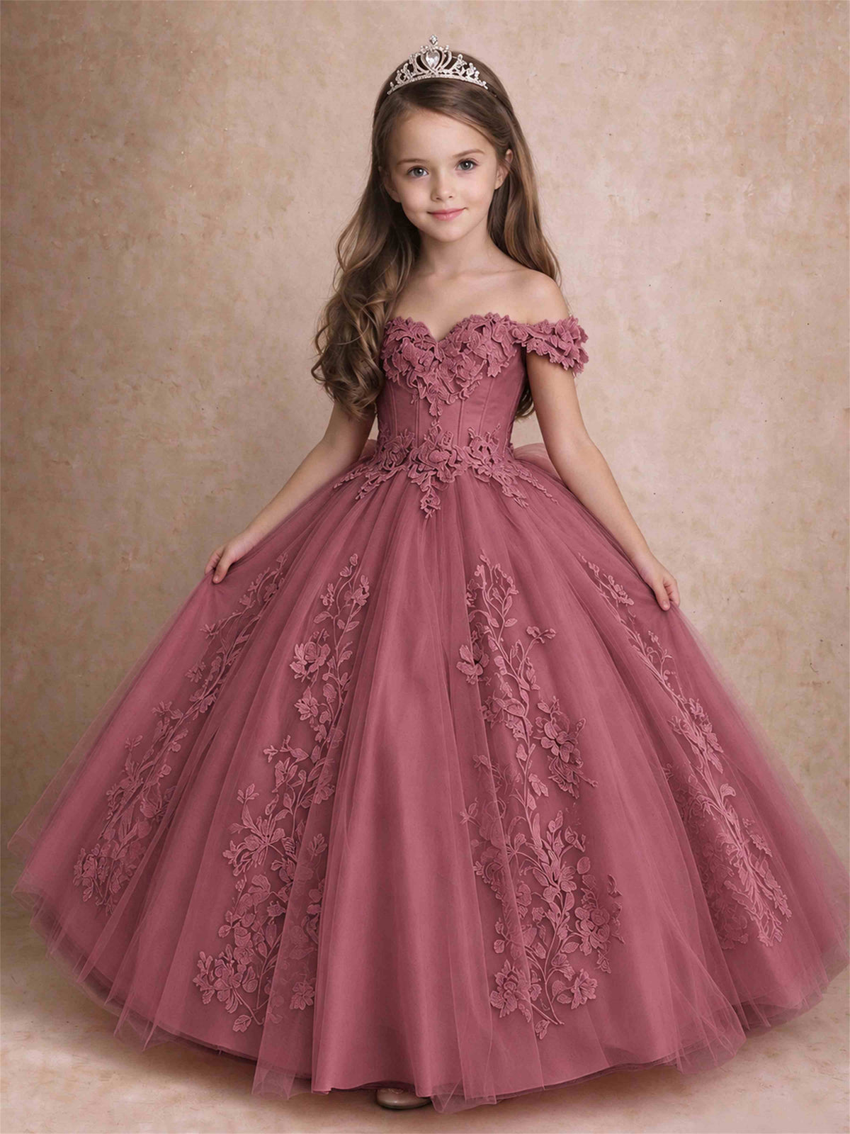 Off The Shoulder 3D Floral Lace Tulle Girls Pageant Dresses Princess Ball Gown