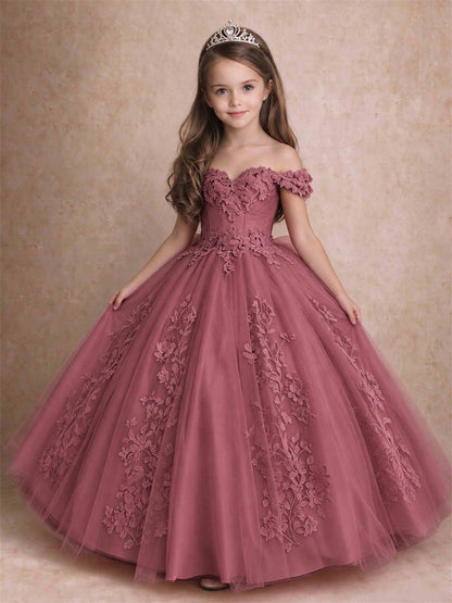 Off The Shoulder 3D Floral Lace Tulle Girls Pageant Dresses Princess Ball Gown