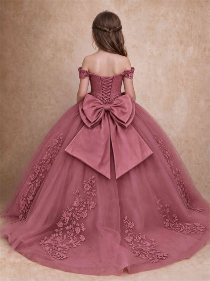 Off The Shoulder 3D Floral Lace Tulle Girls Pageant Dresses Princess Ball Gown