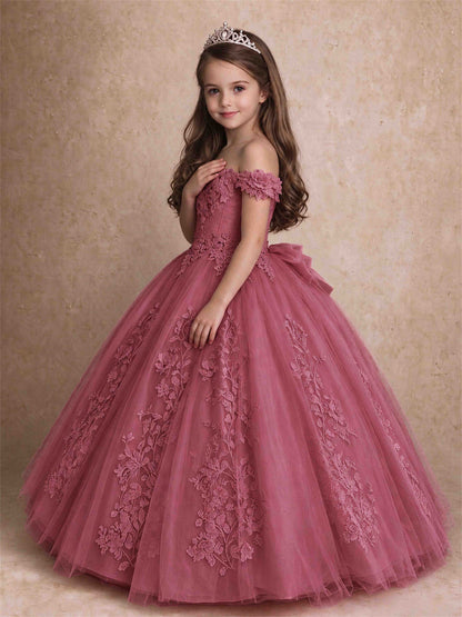 Off The Shoulder 3D Floral Lace Tulle Girls Pageant Dresses Princess Ball Gown
