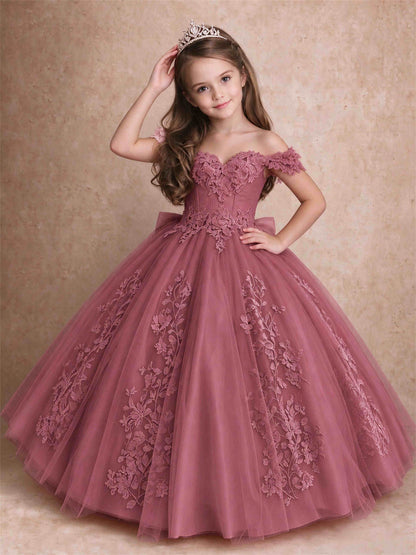 Off The Shoulder 3D Floral Lace Tulle Girls Pageant Dresses Princess Ball Gown