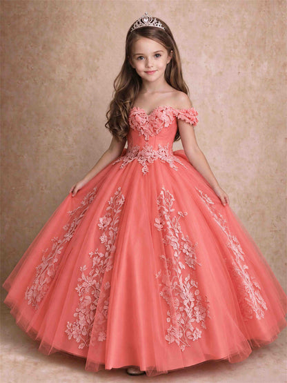 Off The Shoulder 3D Floral Lace Tulle Girls Pageant Dresses Princess Ball Gown