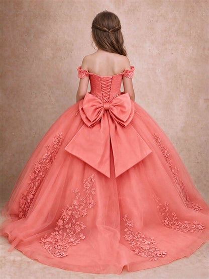 Off The Shoulder 3D Floral Lace Tulle Girls Pageant Dresses Princess Ball Gown