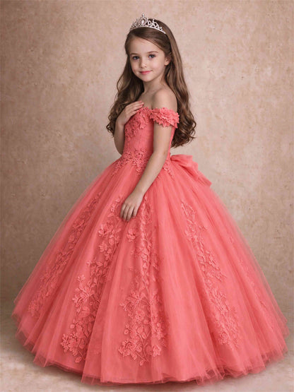 Off The Shoulder 3D Floral Lace Tulle Girls Pageant Dresses Princess Ball Gown