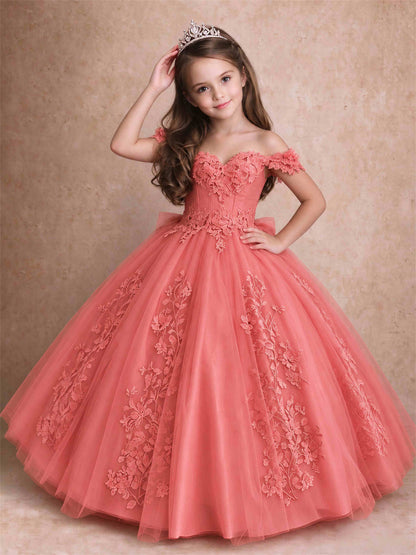 Off The Shoulder 3D Floral Lace Tulle Girls Pageant Dresses Princess Ball Gown