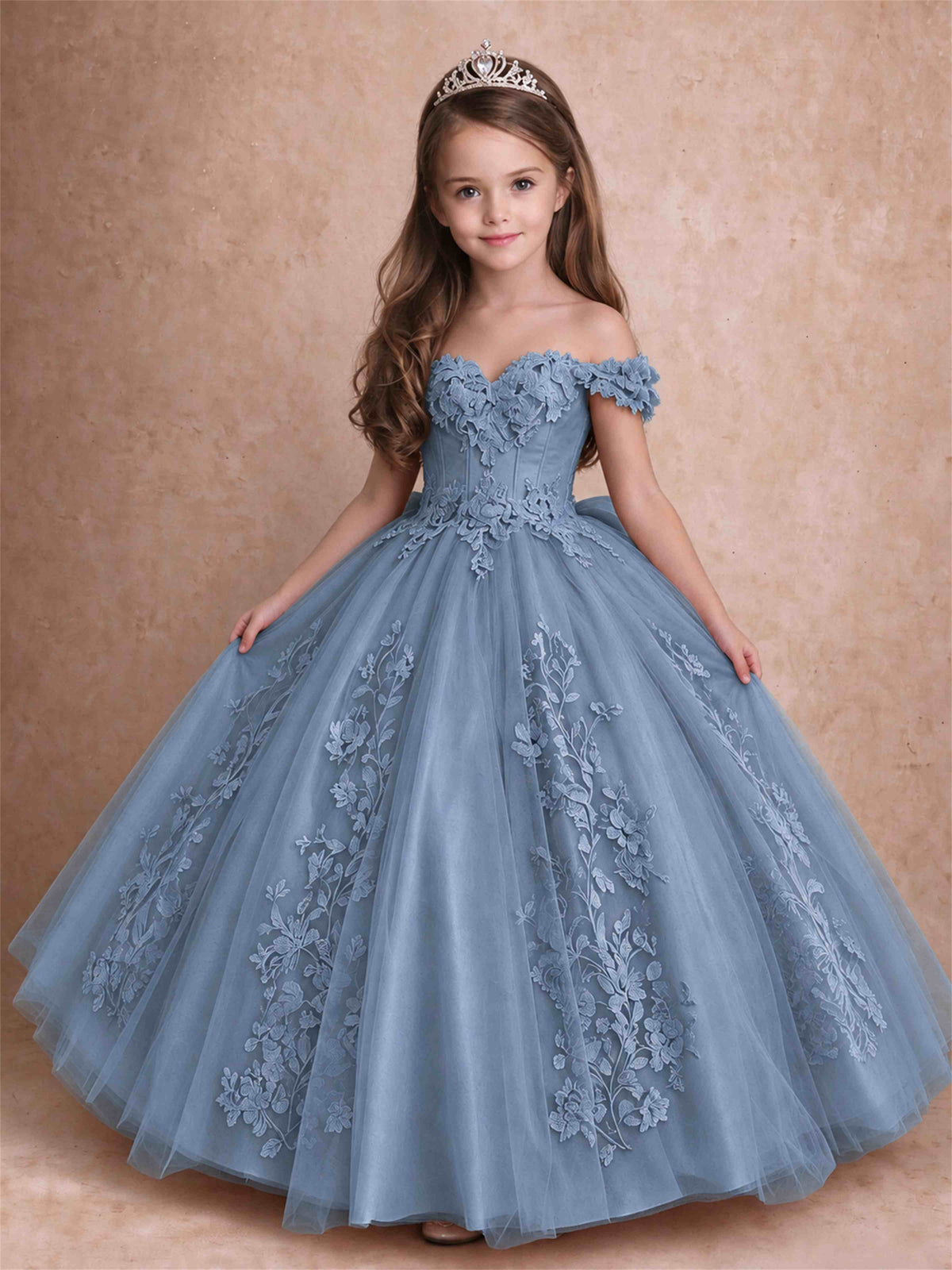 Off The Shoulder 3D Floral Lace Tulle Girls Pageant Dresses Princess Ball Gown