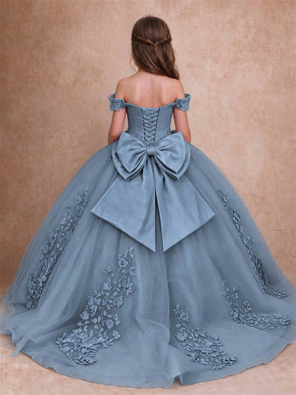 Off The Shoulder 3D Floral Lace Tulle Girls Pageant Dresses Princess Ball Gown
