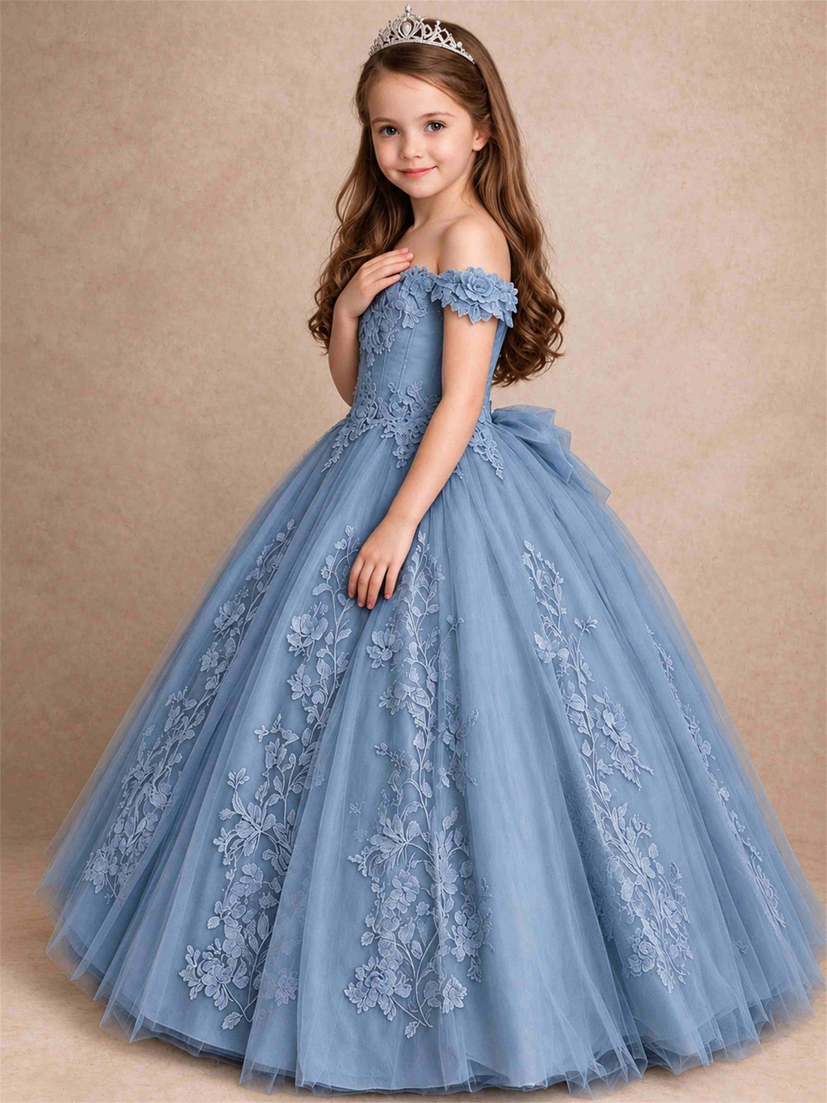 Off The Shoulder 3D Floral Lace Tulle Girls Pageant Dresses Princess Ball Gown