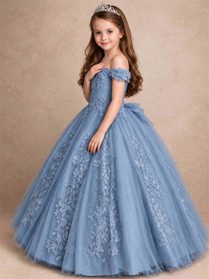 Off The Shoulder 3D Floral Lace Tulle Girls Pageant Dresses Princess Ball Gown