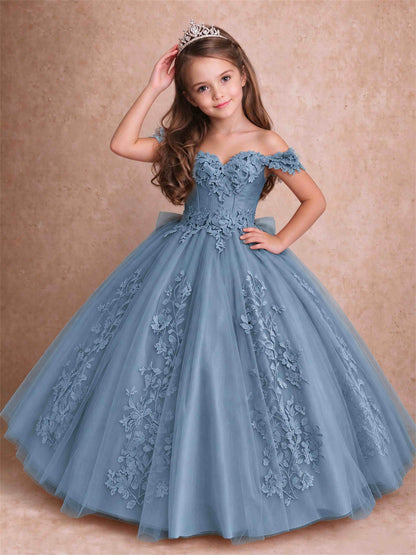 Off The Shoulder 3D Floral Lace Tulle Girls Pageant Dresses Princess Ball Gown