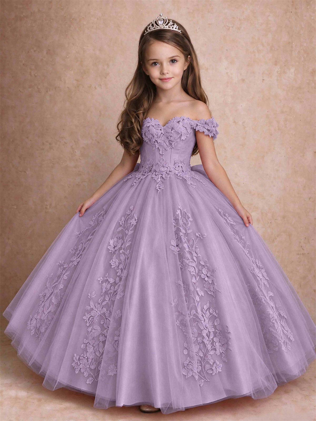 Off The Shoulder 3D Floral Lace Tulle Girls Pageant Dresses Princess Ball Gown