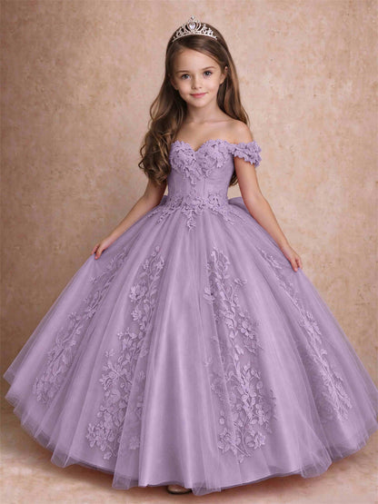 Off The Shoulder 3D Floral Lace Tulle Girls Pageant Dresses Princess Ball Gown