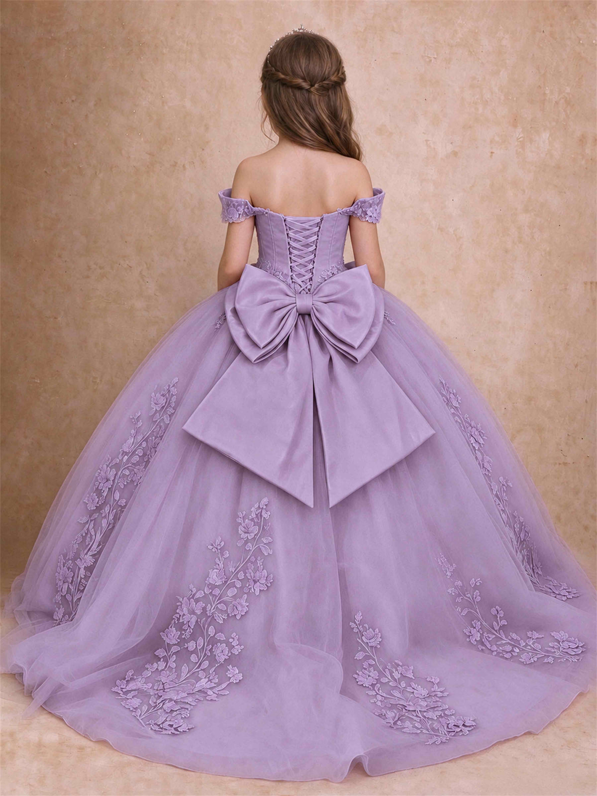 Off The Shoulder 3D Floral Lace Tulle Girls Pageant Dresses Princess Ball Gown
