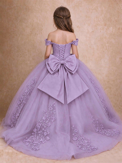 Off The Shoulder 3D Floral Lace Tulle Girls Pageant Dresses Princess Ball Gown