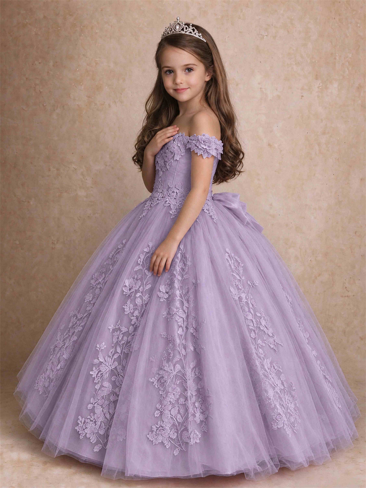 Off The Shoulder 3D Floral Lace Tulle Girls Pageant Dresses Princess Ball Gown