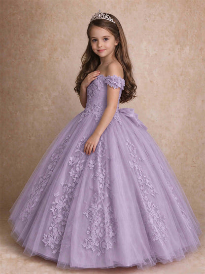 Off The Shoulder 3D Floral Lace Tulle Girls Pageant Dresses Princess Ball Gown