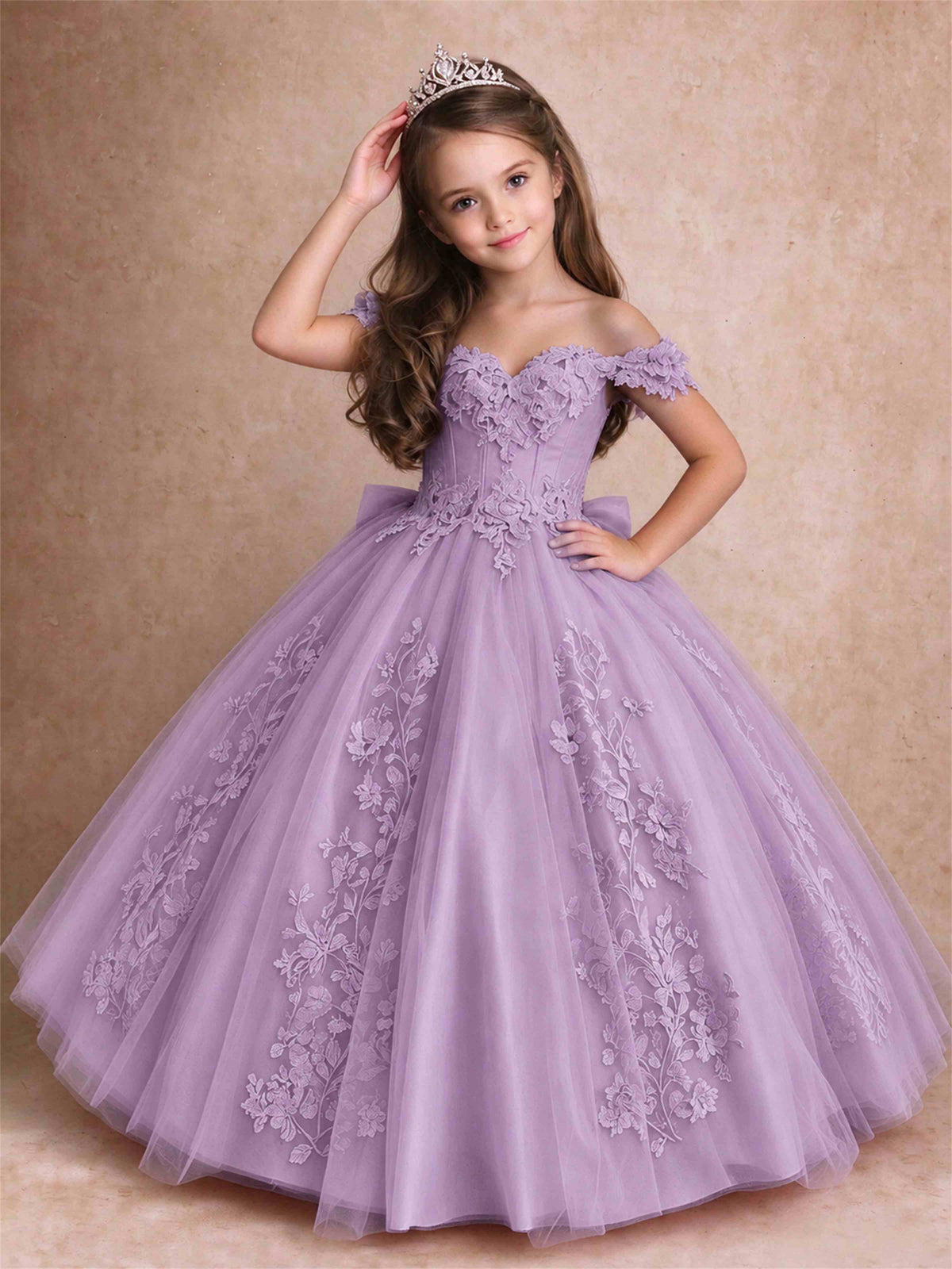 Off The Shoulder 3D Floral Lace Tulle Girls Pageant Dresses Princess Ball Gown