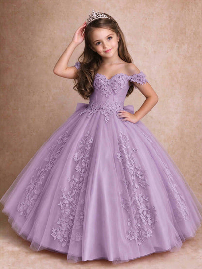 Off The Shoulder 3D Floral Lace Tulle Girls Pageant Dresses Princess Ball Gown