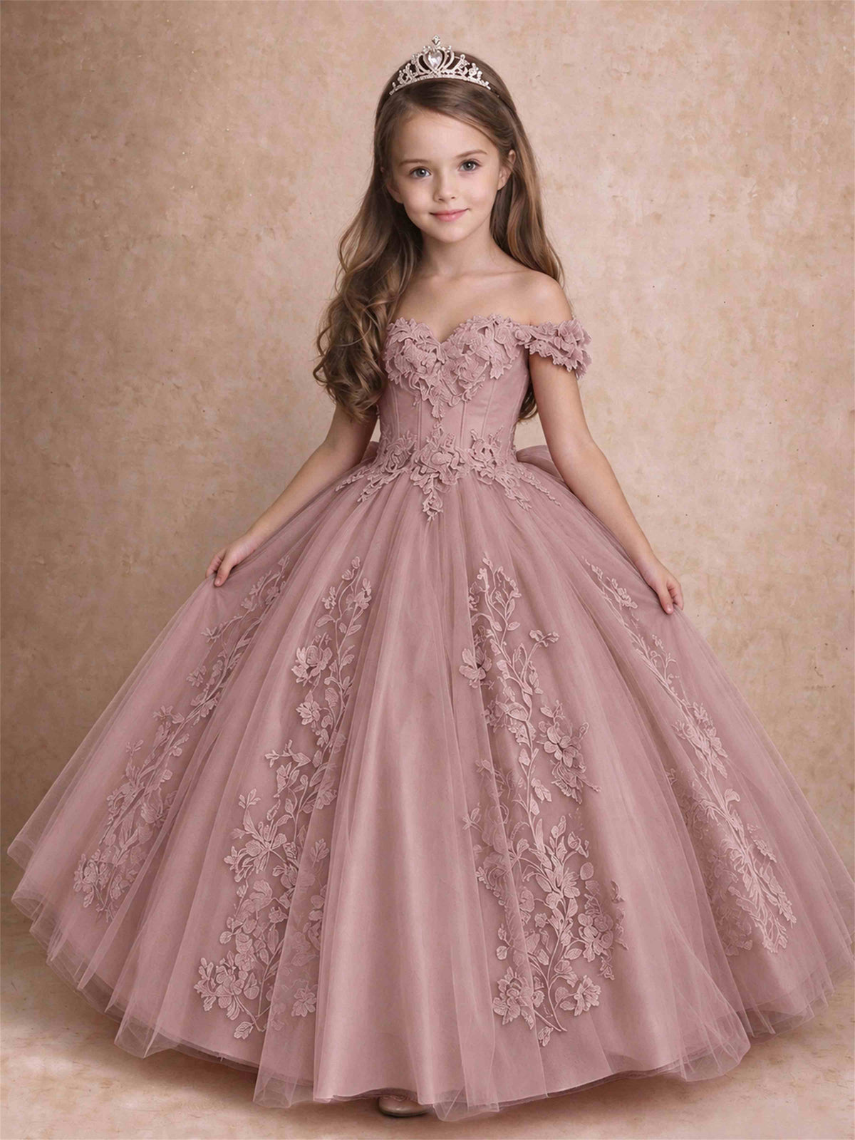 Off The Shoulder 3D Floral Lace Tulle Girls Pageant Dresses Princess Ball Gown