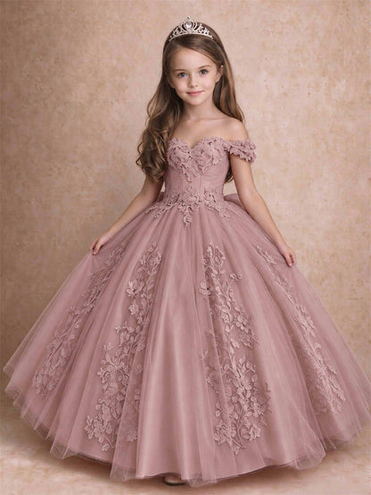 Off The Shoulder 3D Floral Lace Tulle Girls Pageant Dresses Princess Ball Gown