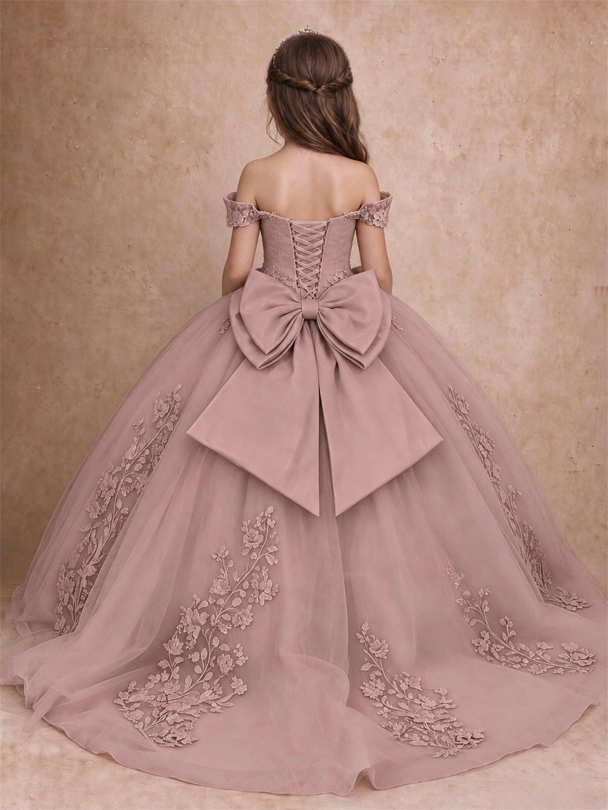 Off The Shoulder 3D Floral Lace Tulle Girls Pageant Dresses Princess Ball Gown