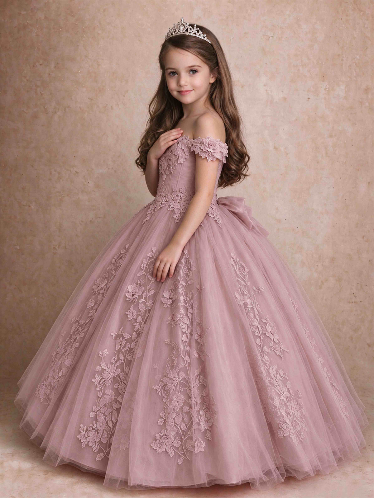Off The Shoulder 3D Floral Lace Tulle Girls Pageant Dresses Princess Ball Gown