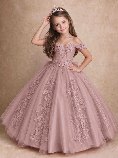 Off The Shoulder 3D Floral Lace Tulle Girls Pageant Dresses Princess Ball Gown