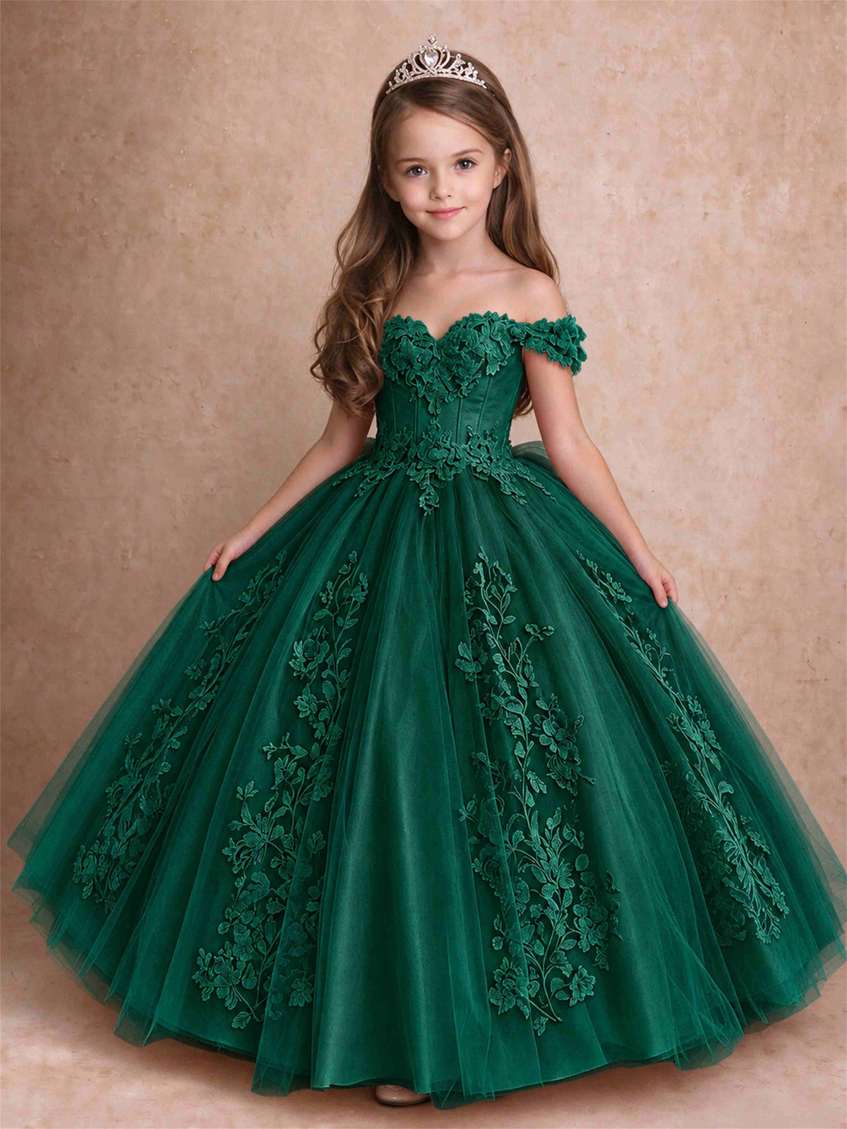 Off The Shoulder 3D Floral Lace Tulle Girls Pageant Dresses Princess Ball Gown
