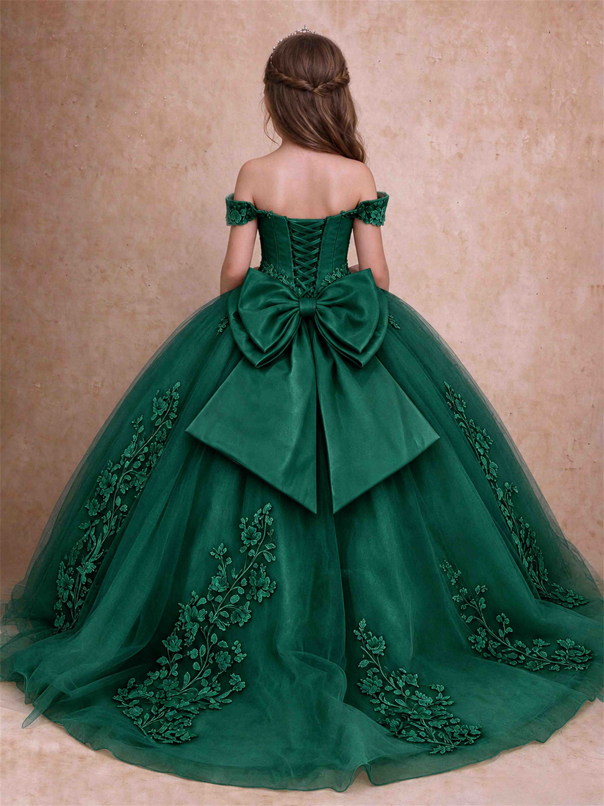 Off The Shoulder 3D Floral Lace Tulle Girls Pageant Dresses Princess Ball Gown