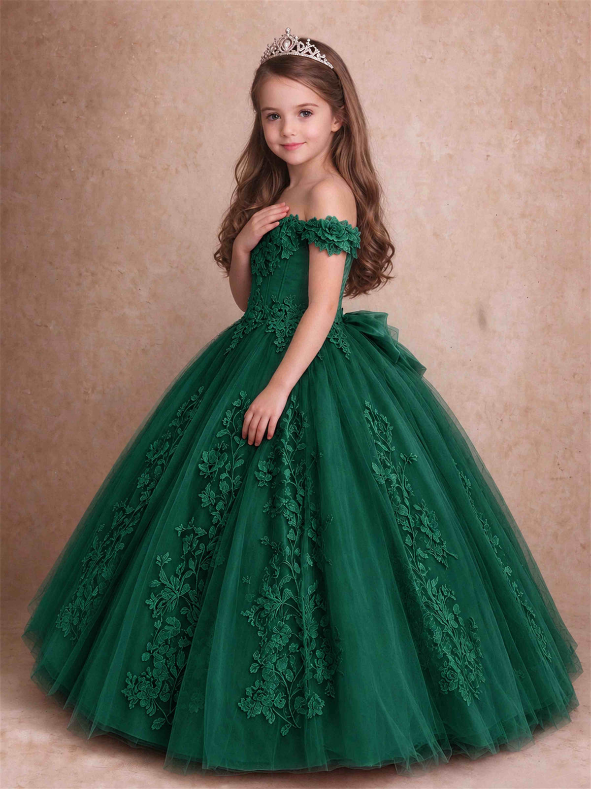 Off The Shoulder 3D Floral Lace Tulle Girls Pageant Dresses Princess Ball Gown