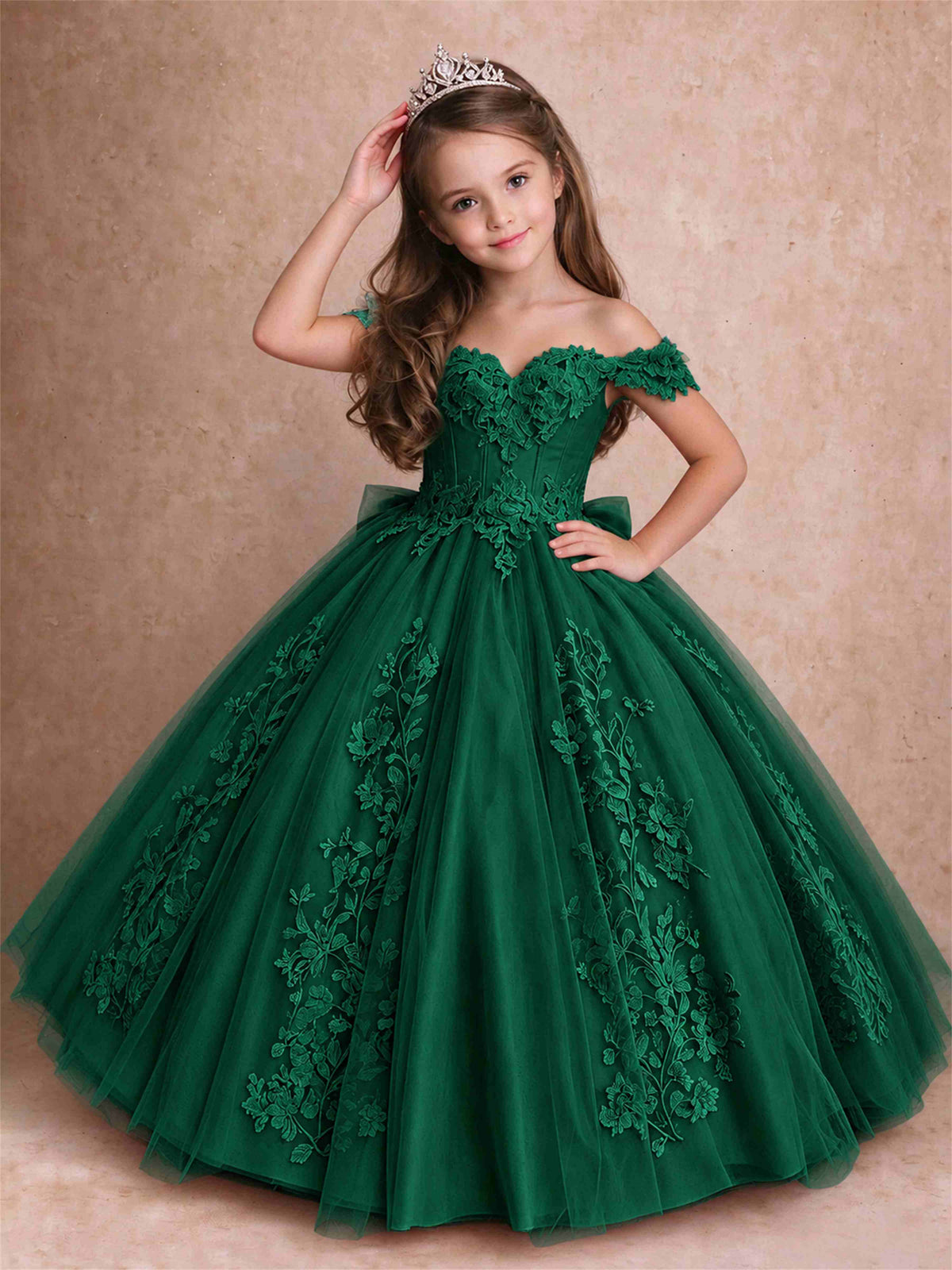 Off The Shoulder 3D Floral Lace Tulle Girls Pageant Dresses Princess Ball Gown