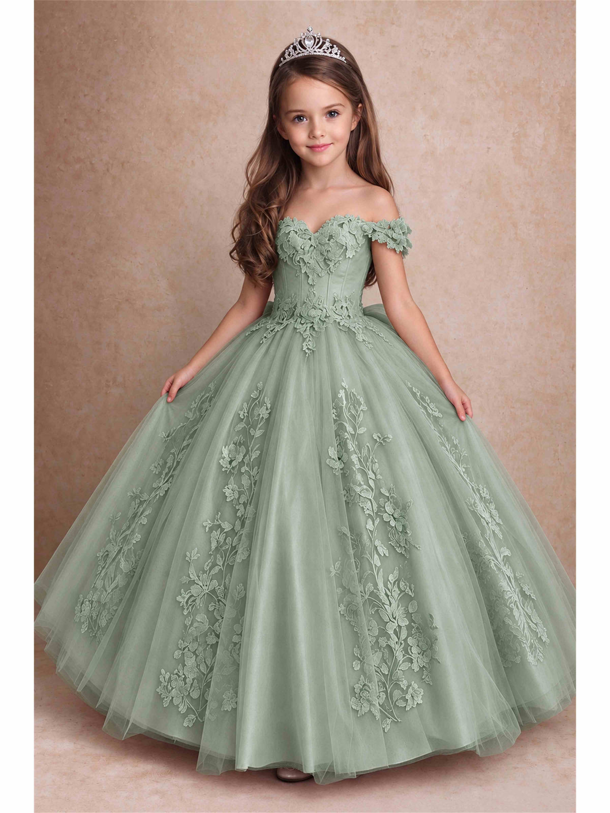 Off The Shoulder 3D Floral Lace Tulle Girls Pageant Dresses Princess Ball Gown
