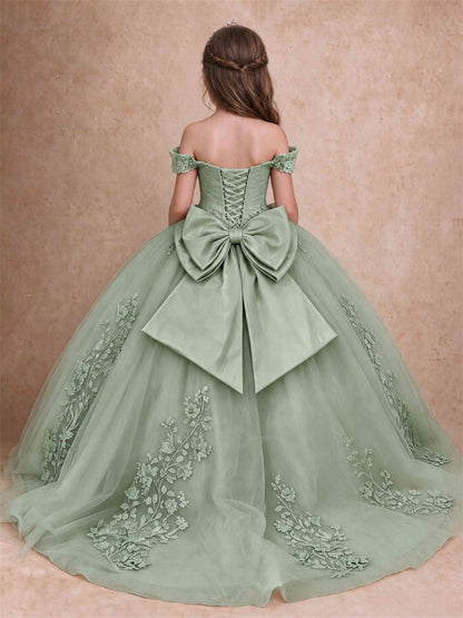 Off The Shoulder 3D Floral Lace Tulle Girls Pageant Dresses Princess Ball Gown