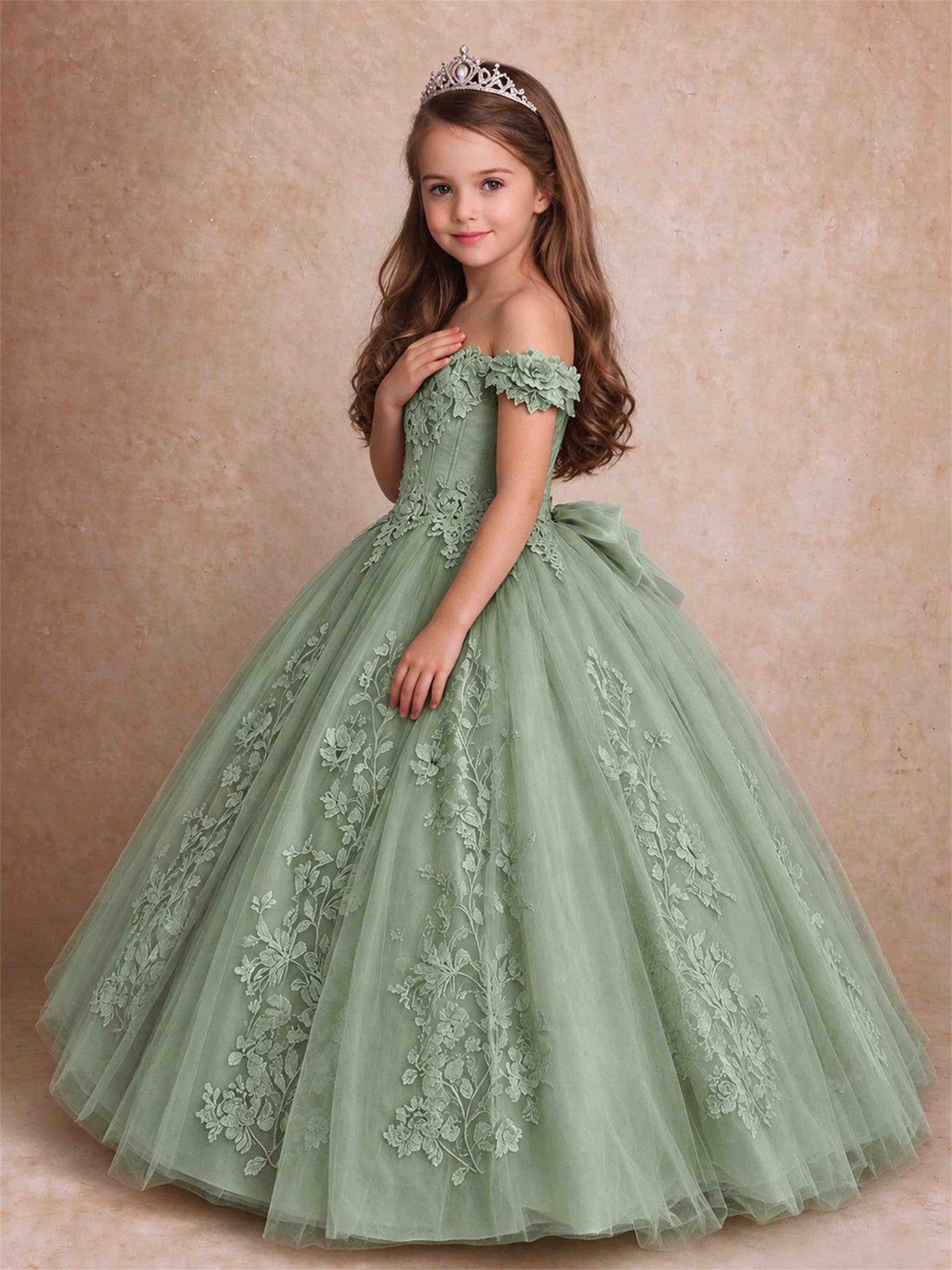 Off The Shoulder 3D Floral Lace Tulle Girls Pageant Dresses Princess Ball Gown