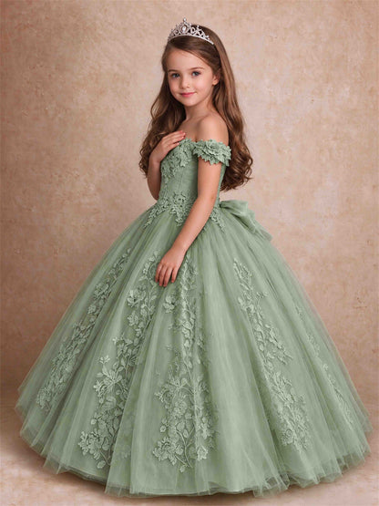 Off The Shoulder 3D Floral Lace Tulle Girls Pageant Dresses Princess Ball Gown
