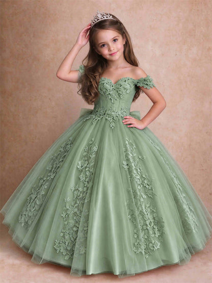Off The Shoulder 3D Floral Lace Tulle Girls Pageant Dresses Princess Ball Gown