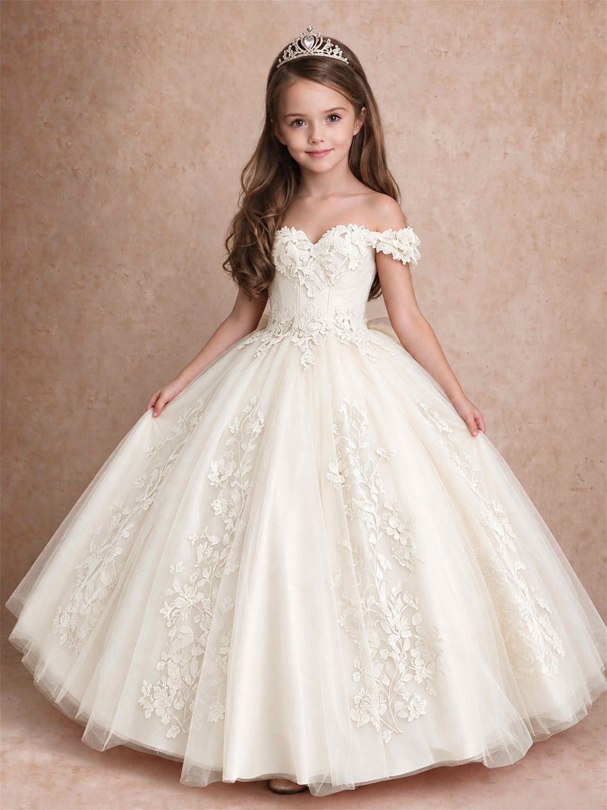 Off The Shoulder 3D Floral Lace Tulle Girls Pageant Dresses Princess Ball Gown