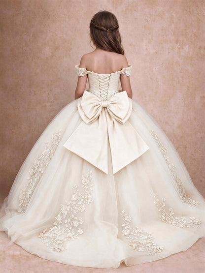 Off The Shoulder 3D Floral Lace Tulle Girls Pageant Dresses Princess Ball Gown